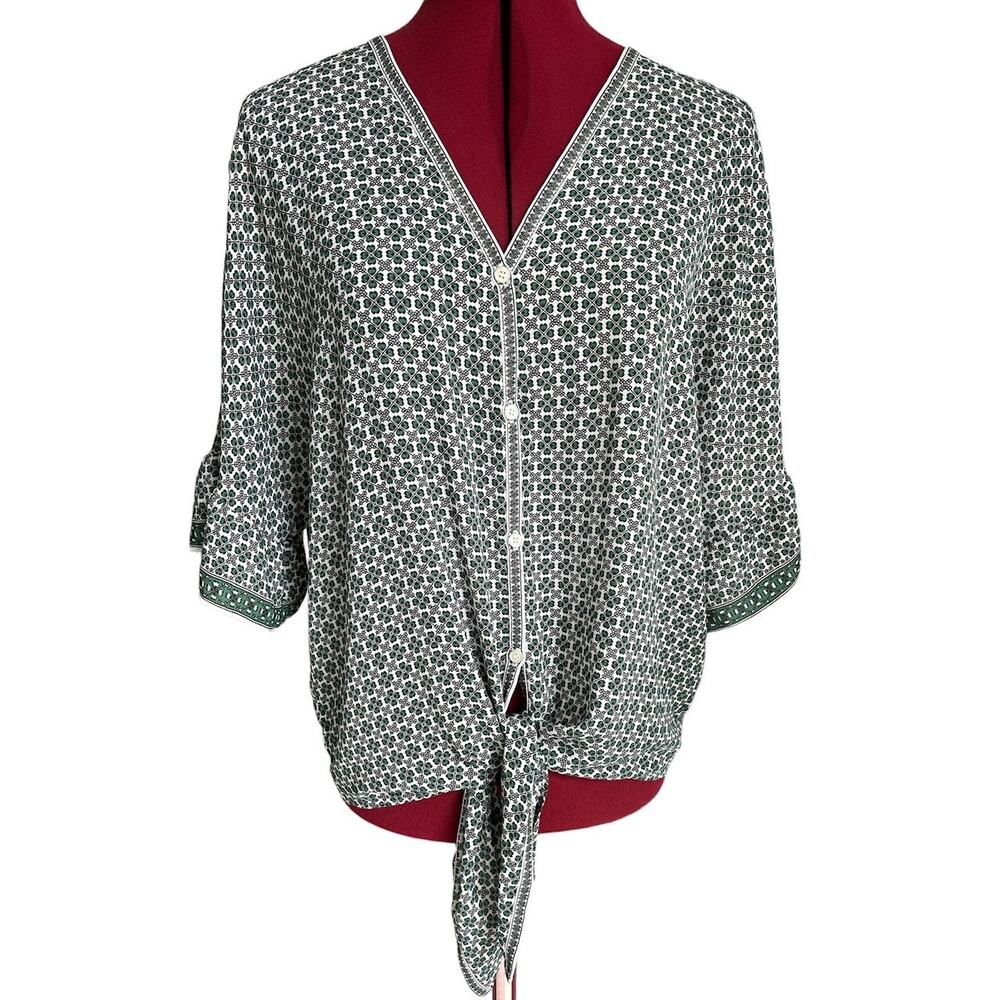 Max Studio Size Large Four Leaf Clover‎ Button Up Blouse Front Tie Ruffle Cuff